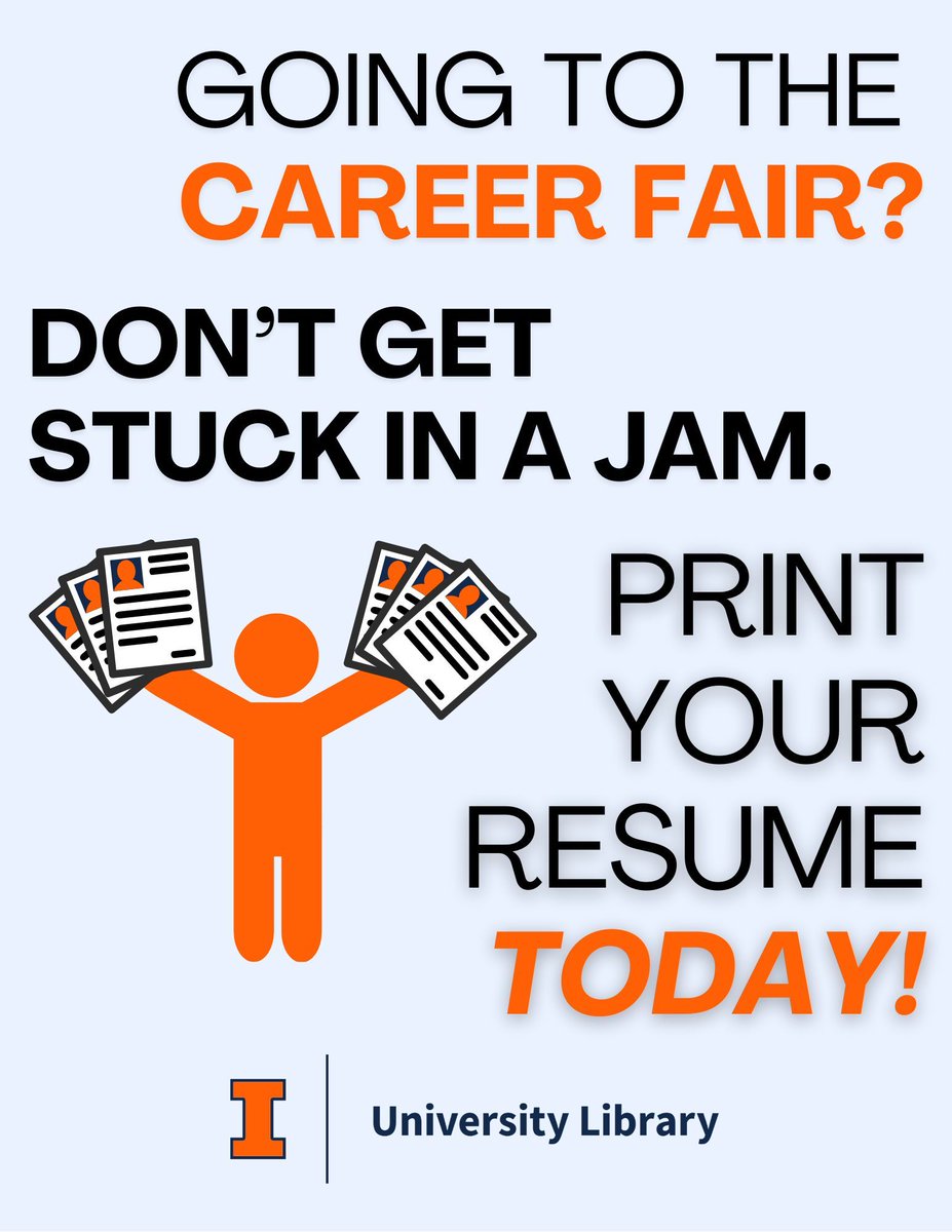 graingerlibrary's tweet image. Career fair season is here! Friendly reminder to print your resume BEFORE the day of the fair to avoid any delays on your way to meet with prospective employers. Visit HireIllini Career Fairs to view upcoming fairs and to register: calendars.illinois.edu/list/1551