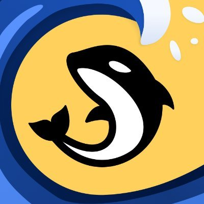 노란 배경 위 파도를 타는 스타일화된 범고래를 특징으로 한 Orca 로고