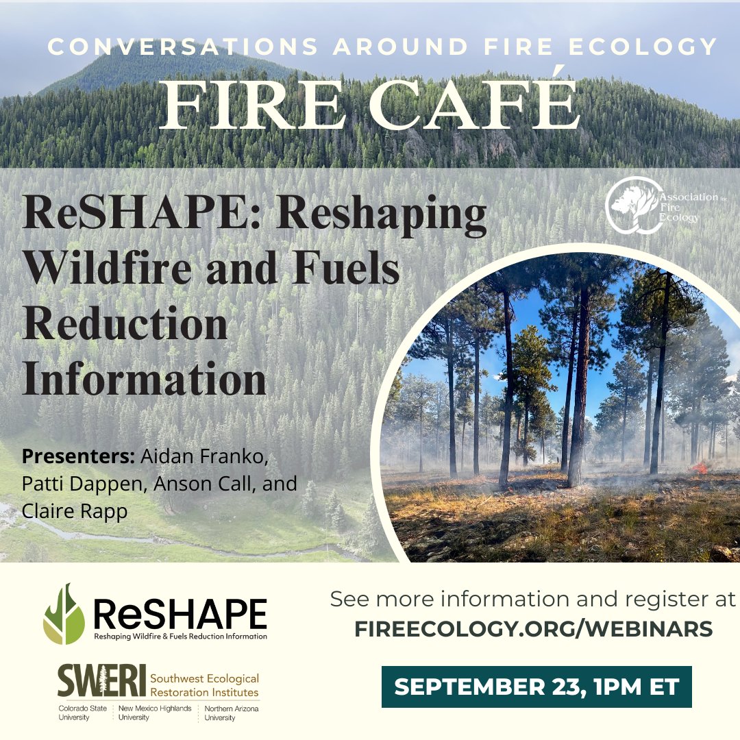 Upcoming Fire CAFE webinar! 💡Join us on Tuesday September 23 at 1pm ET to learn about how the ReSHAPE Program compiles data on fuels treatments and wildfires through the Treatment and Wildfire Interagency Geodatabase (TWIG)🔥 Register here: ow.ly/nenl50WQrW9