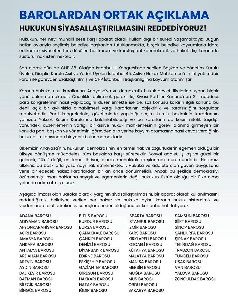 HUKUKUN SİYASALLAŞMASINDAN MEMNUN OLAN BAROLAR:
🔸️Aksaray🔸️Bayburt
🔸️Erzincan🔸️Erzurum
🔸️Gümüşhane🔸️Karabük
🔸️Karaman🔸️K. Maraş
🔸️Kastamonu🔸️Kilis
🔸️Konya🔸️Kırıkkale
🔸️Nevşehir🔸️Niğde
🔸️Rize🔸️Tokat
🔸️Yozgat