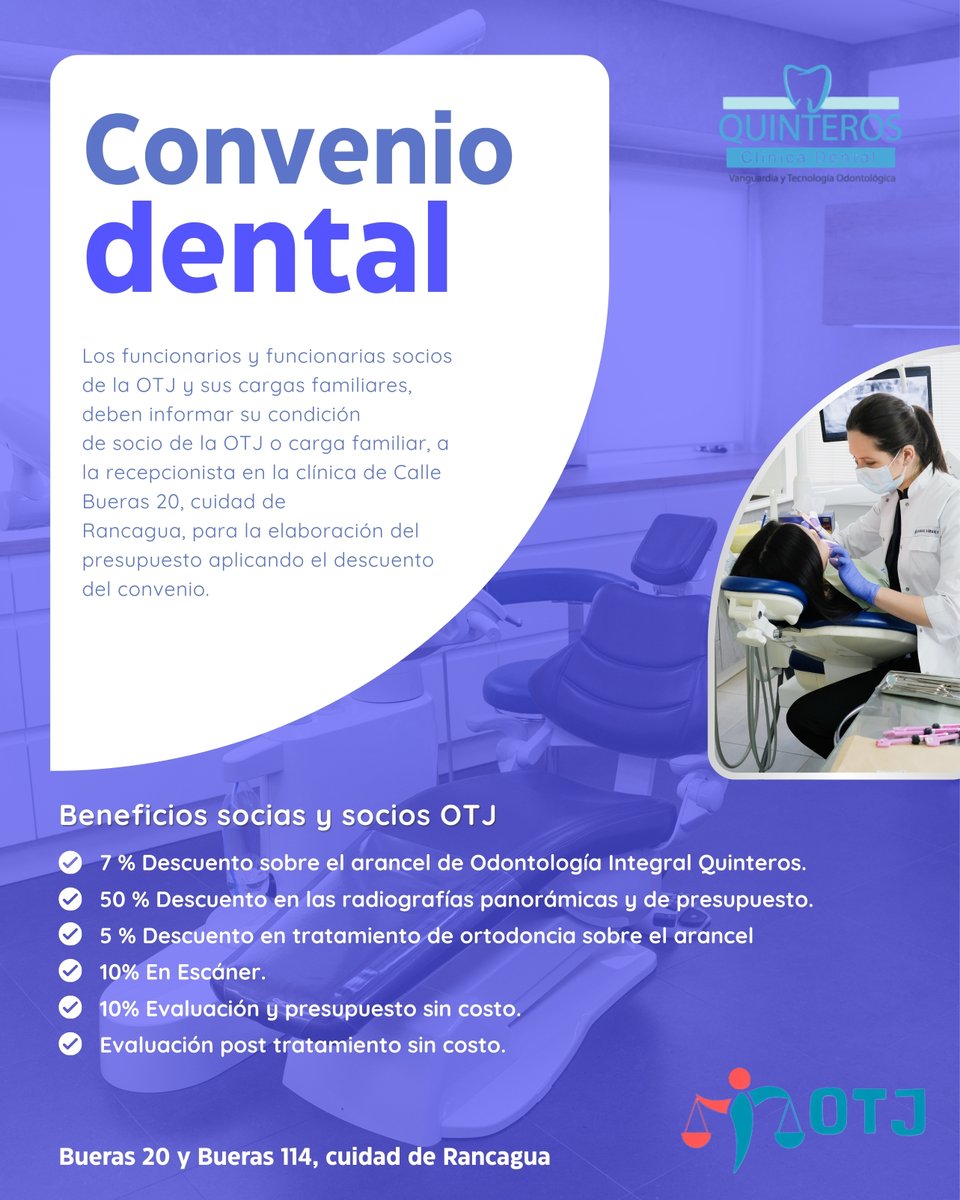 CONVENIO DENTAL: Beneficios socias y socios OTJ y sus cargas familiare. Revisa los detalles a continuación!

#Dental
#Odontología
#Beneficios
#Convenio