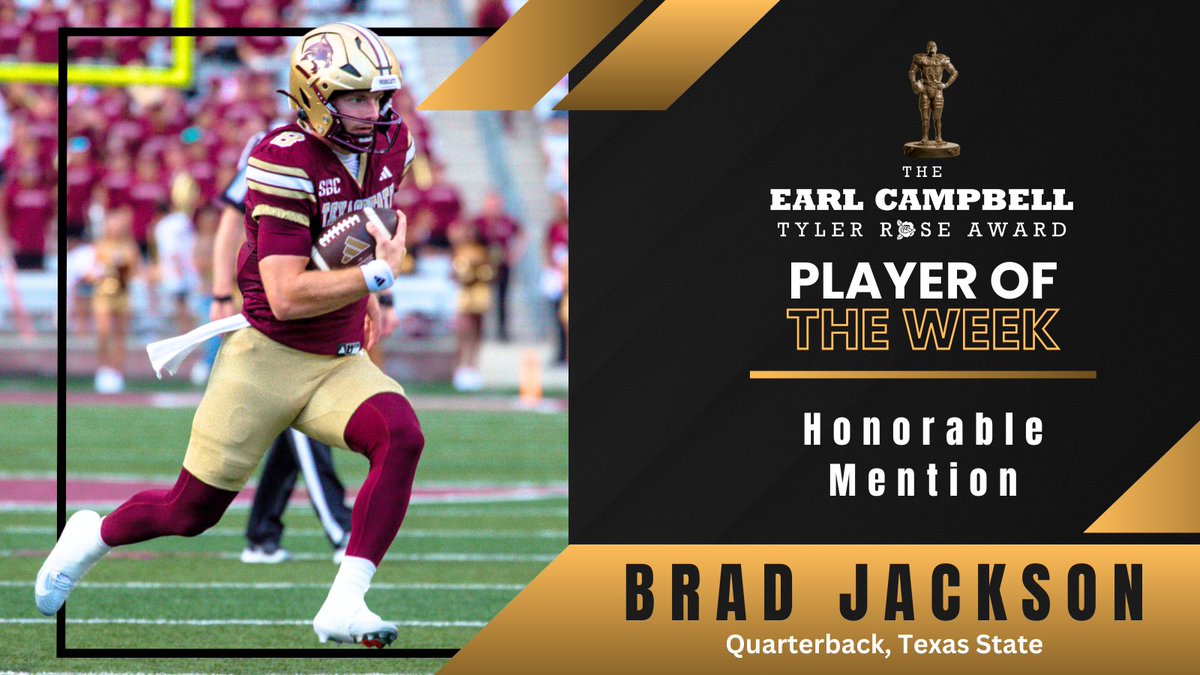 Week 1 Honorable Mention: <a href="/TXSTATEFOOTBALL/">Texas State Football</a> QB Brad Jackson (Reagan HS, TX) #EatEmUp
@BradjacksonUS