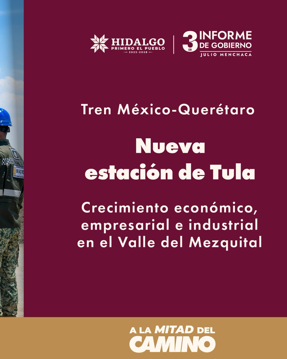 Más empleo, más movilidad y un mejor futuro con los proyectos de transformación que impulsamos en coordinación con la presidenta <a href="/Claudiashein/">Claudia Sheinbaum Pardo</a>.🚉

Toda la información está disponible en: tercerinforme.hidalgo.gob.mx

#ALaMitadDelCamino
#3erInformeHidalgo