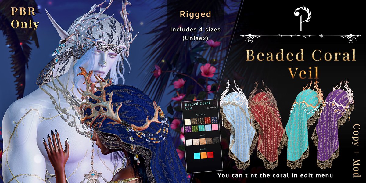 Beaded Coral Veil will be available soon at We Love Roleplay event (Opens on 4th of September at 12 PM SLT)

It includes 10 fabric colors, 5 coral colors and 3 bead colors. (Coral can be tinted with basic editing knowledge)

4 sizes, unisex. Make sure to try the demo

#SecondLife