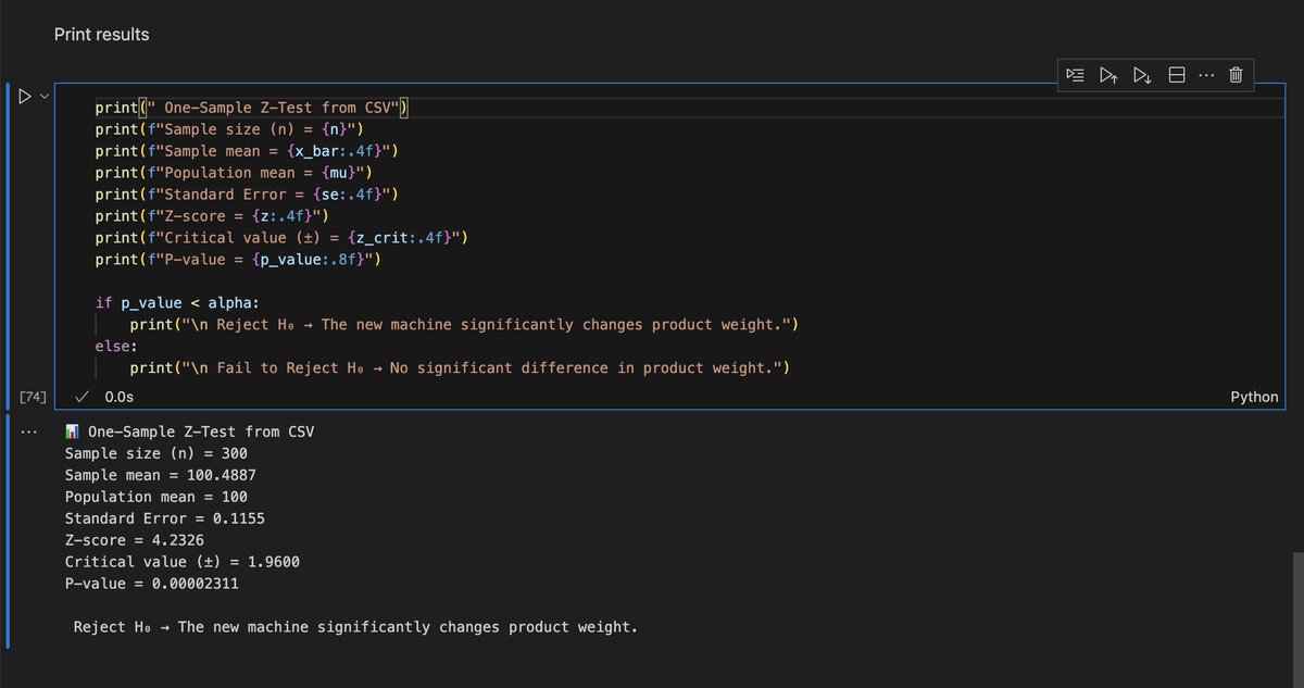 praakashman's tweet image. 🌟 Day 32/333 – Hypothesis Testing (Z-Test)
-Checks if sample mean differ from the population mean
-p &amp;lt; 0.05 → reject H₀
-Population σ known, large sample
-Z-statistic shows difference, 1-tailed &amp;amp; 2-tailed
-Checked : Did a new machine change product weight? 
#DataScience #ZTest
