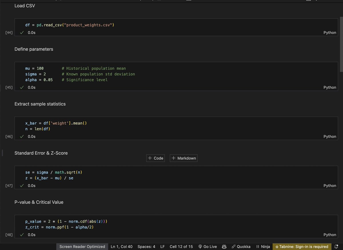 praakashman's tweet image. 🌟 Day 32/333 – Hypothesis Testing (Z-Test)
-Checks if sample mean differ from the population mean
-p &amp;lt; 0.05 → reject H₀
-Population σ known, large sample
-Z-statistic shows difference, 1-tailed &amp;amp; 2-tailed
-Checked : Did a new machine change product weight? 
#DataScience #ZTest
