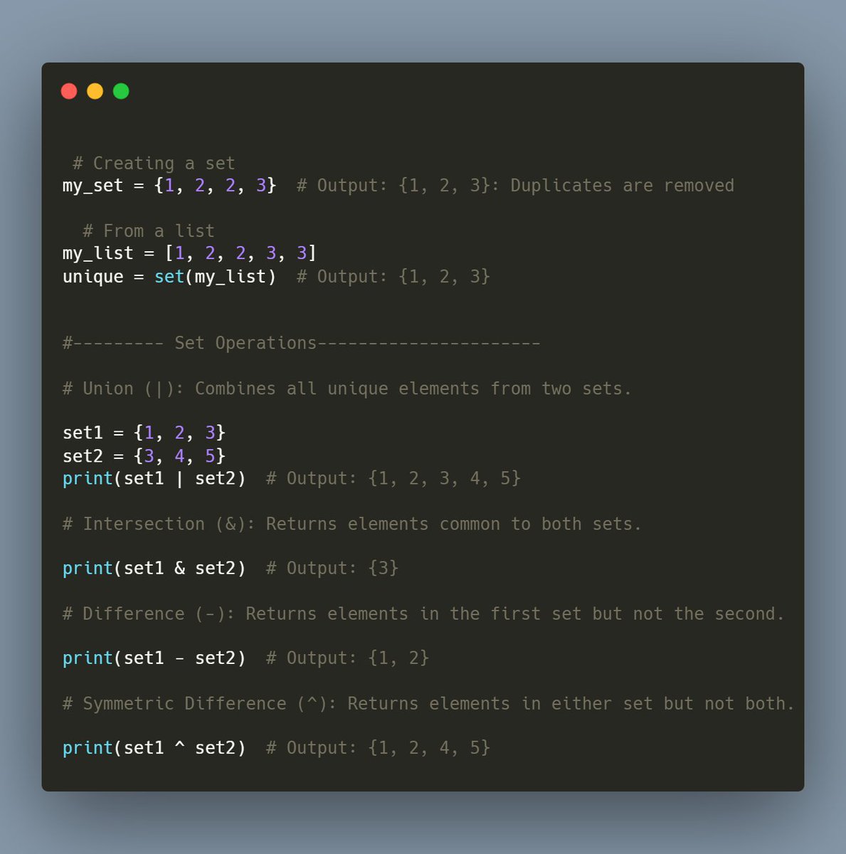 AzunnaIrene's tweet image. Day30 of #100DaysOfCode 
☑️Mastered Sets In python and its operations
#PythonZeroToHeroMentorship
#LearningJourney 
@python_z_t_h