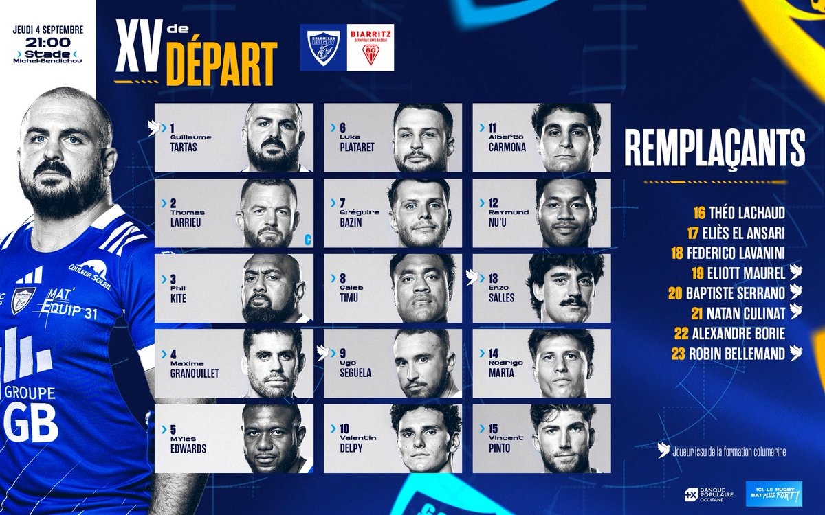 🔥 𝐗𝐕 𝐃𝐄 𝐃𝐄́𝐏𝐀𝐑𝐓 ! 

🤝 Présenté par la Banque Populaire Occitane.

💙 De retour au stade Michel-Bendichou emmené par le capitaine Thomas Larrieu ! 

#IciLeRugbyBatPlusFort! 🔵⚪️🕊