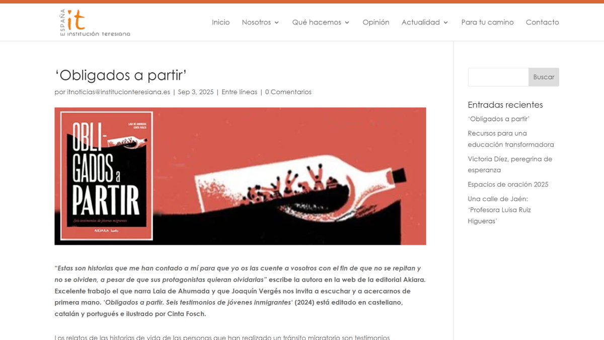 ✏️"Laia de Ahumada logra captar con sensibilidad el dolor de la pérdida y la incertidumbre del trayecto vital, recogiendo fragmentos de humanidad herida para reconstruir subjetividades dignas."

Reseña de OBLIGADOS A PARTIR de <a href="/LaiaAhumada/">Laia de Ahumada</a> i #CintaFosch

➡️institucionteresiana.es/2025/09/03/obl…