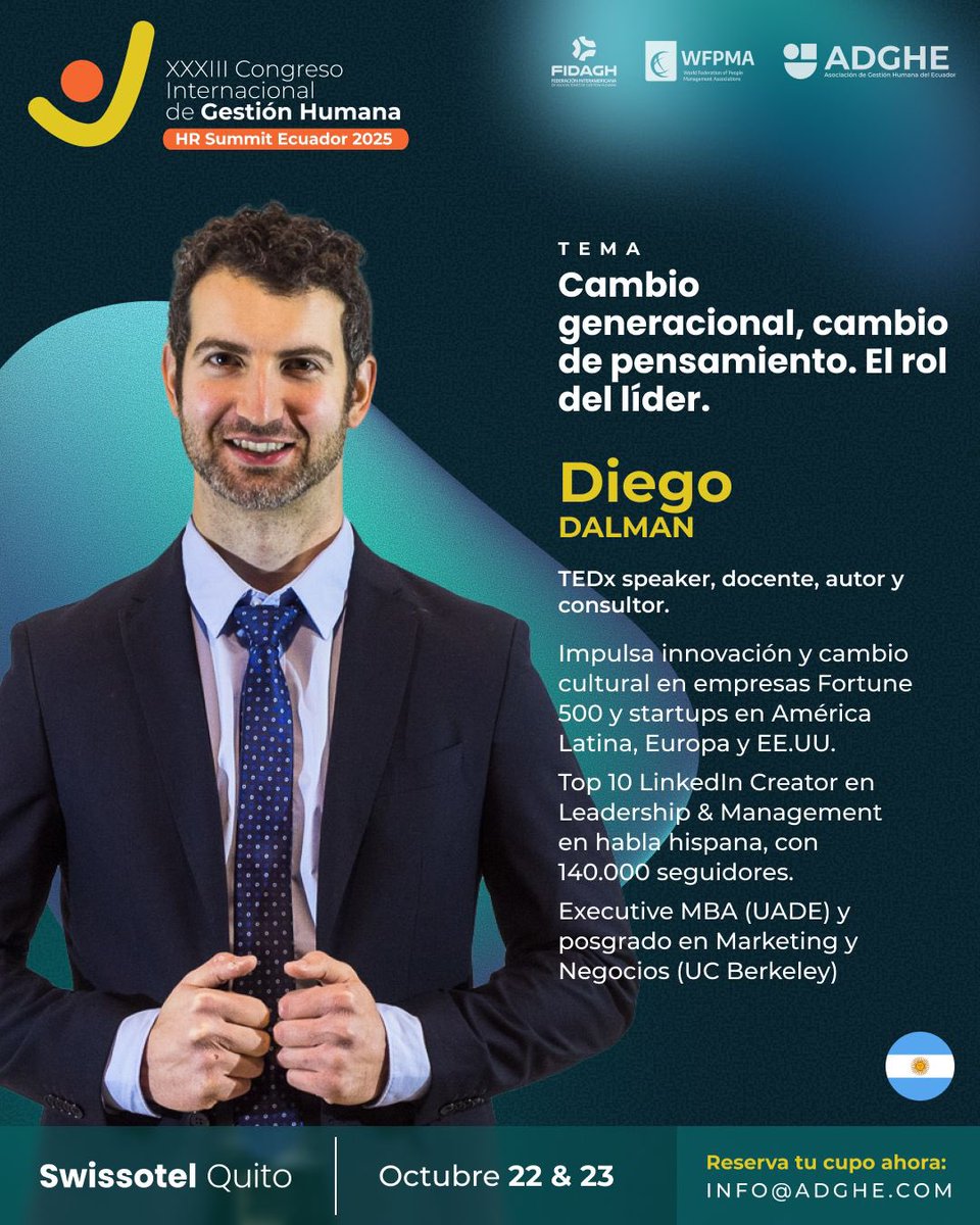 Les compartimos el tema que <a href="/DiegoDalman/">Diego Dalman</a> 🇦🇷 desarrollará en XXXIII Congreso ADGHE, HR Summit Ecuador 2025  

💡Cambio generacional, cambio de pensamiento. El rol del líder, valores” 

📍Conferencia magistral de cierre 👌 

#HRSummitEcuador2025 
#CongresoADGHE2025 #RRHH #Liderazgo