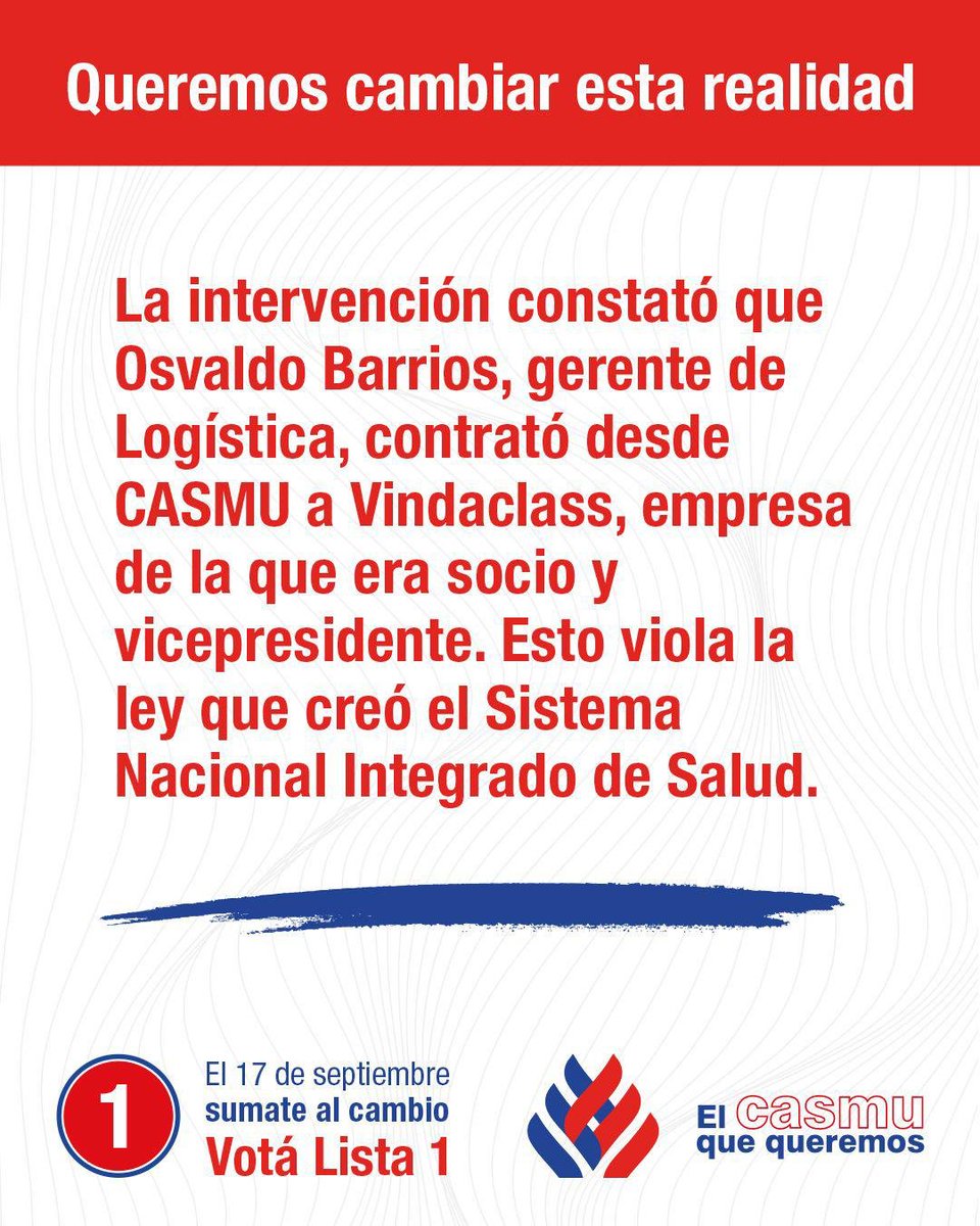 Esta gestión tuvo gerentes que, desde CASMU, contrataban a sus propias empresas. ¿Qué futuro tenemos si seguimos así? 

Este 17 de Septiembre, asegurá tu futuro. Elegí la Lista 1.