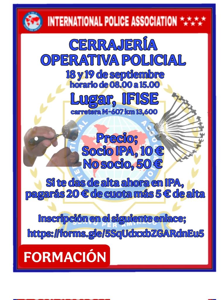 IPAMadrid's tweet photo. @Ipamadrid te propone para los próximos dias 18 y 19 de septiembre, en turno de 08.00 a 15.00 horas curso sobre Cerrajeria Operativa Policial.
Se celebrará en el IFISE.
Apúntate.
No faltes.
#Policia 
#GuardiaCivil https://t.co/4ant3Y1UsP