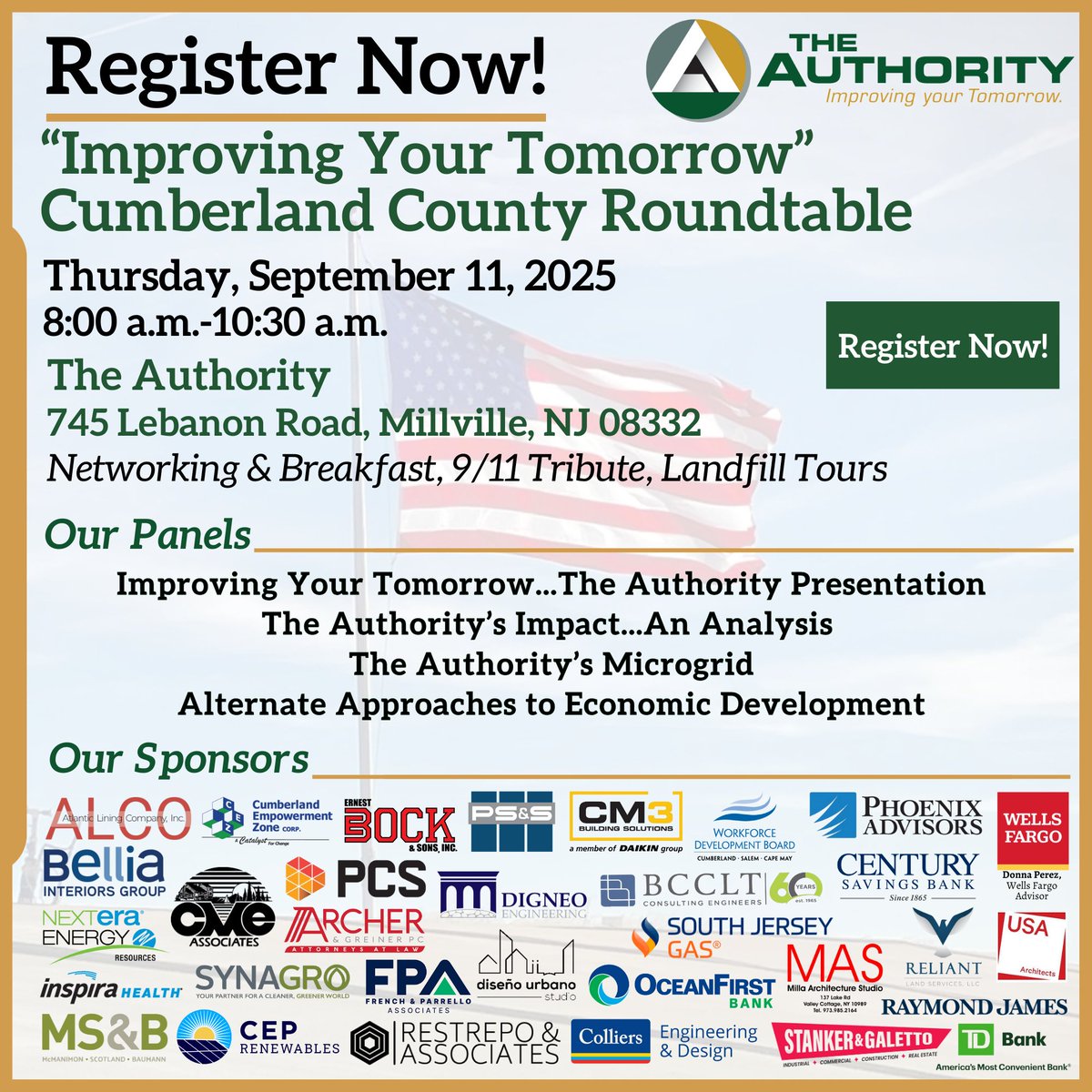 Register Now!🔔 The Authority's "Improving Your Tomorrow" Cumberland County Roundtable will be held on Thursday, September 11 from 8:00AM to 10:30AM. For more information and to register now, visit theauthoritynj.com/event/improvin….