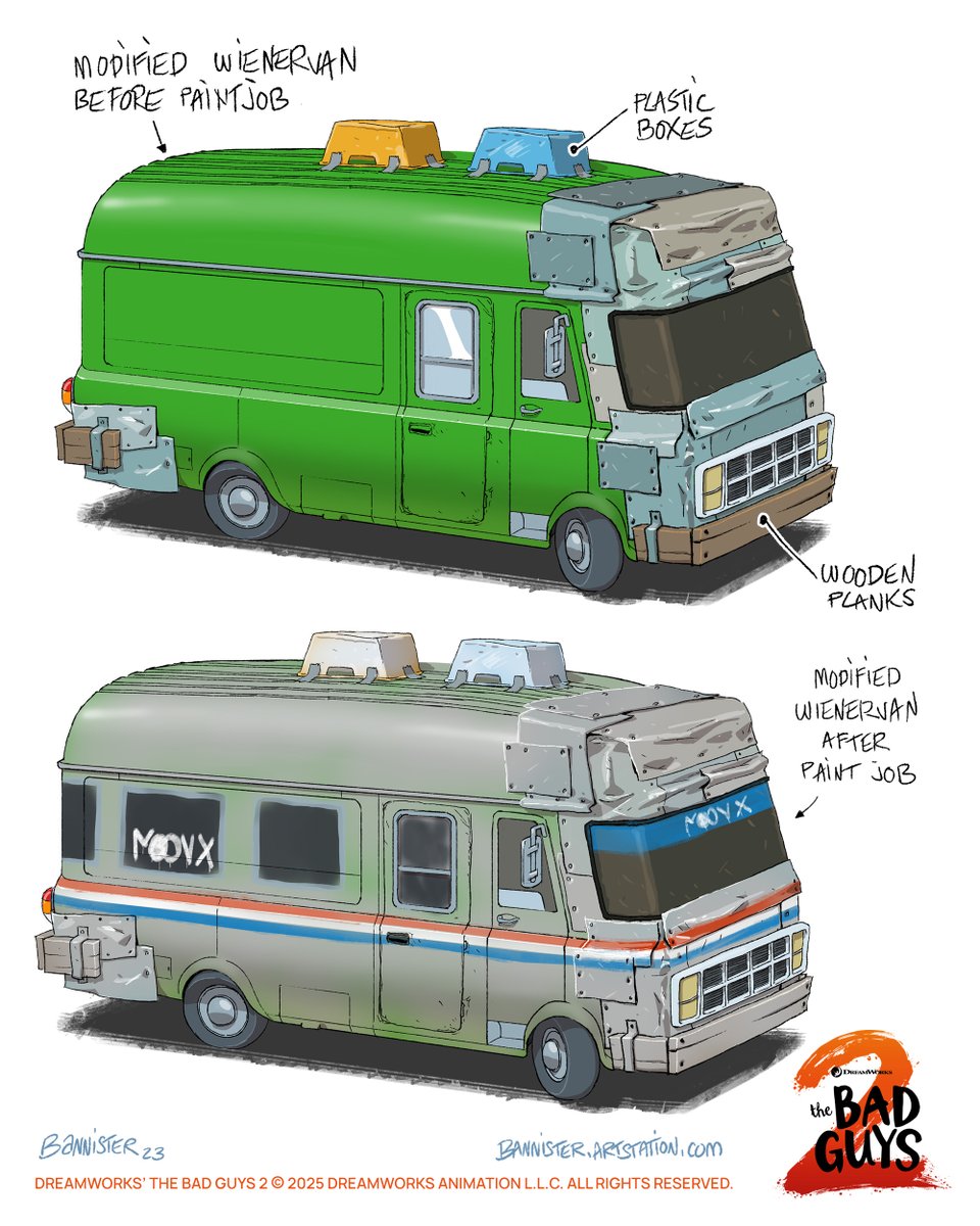 bannister01's tweet image. Astrovan part #2.
In an earlier version, the Wienervan was supposed to be quickly transformed into a feka Astrovan.
I spend some time developping options for it.

@Dreamworks  @UniversalPics  #conceptdesign #vehicledesign #visdev #thebadguys2 #astrovan #wienervan #pimpmyride