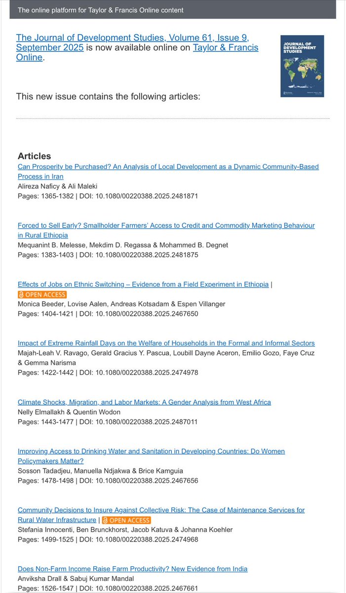 JDevStudies's tweet image. 📢 Our 9th [Sept] issue of 2025 is up!  

✨Featuring  8⃣ articles &amp;amp; 4⃣ book reviews on climate, governance, agriculture, gender, migration, WASH &amp;amp; more!

👉Check it out: tandfonline.com/toc/fjds20/cur…

🇮🇳🇲🇲🇮🇷🇲🇽🇪🇹