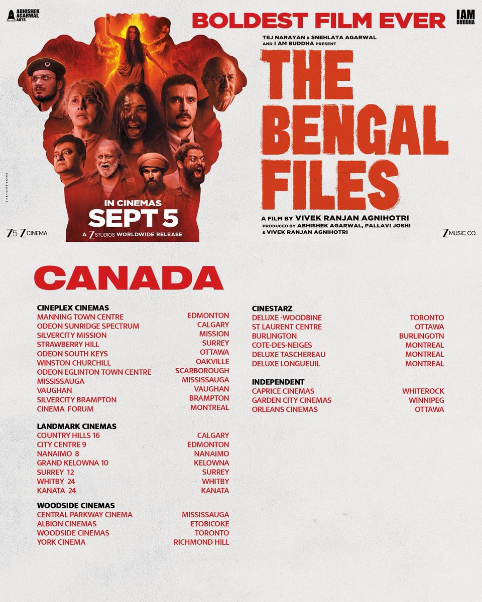 USA and Canada. Here are listings of theatres for #TheBengalFiles. Releasing 5th September.