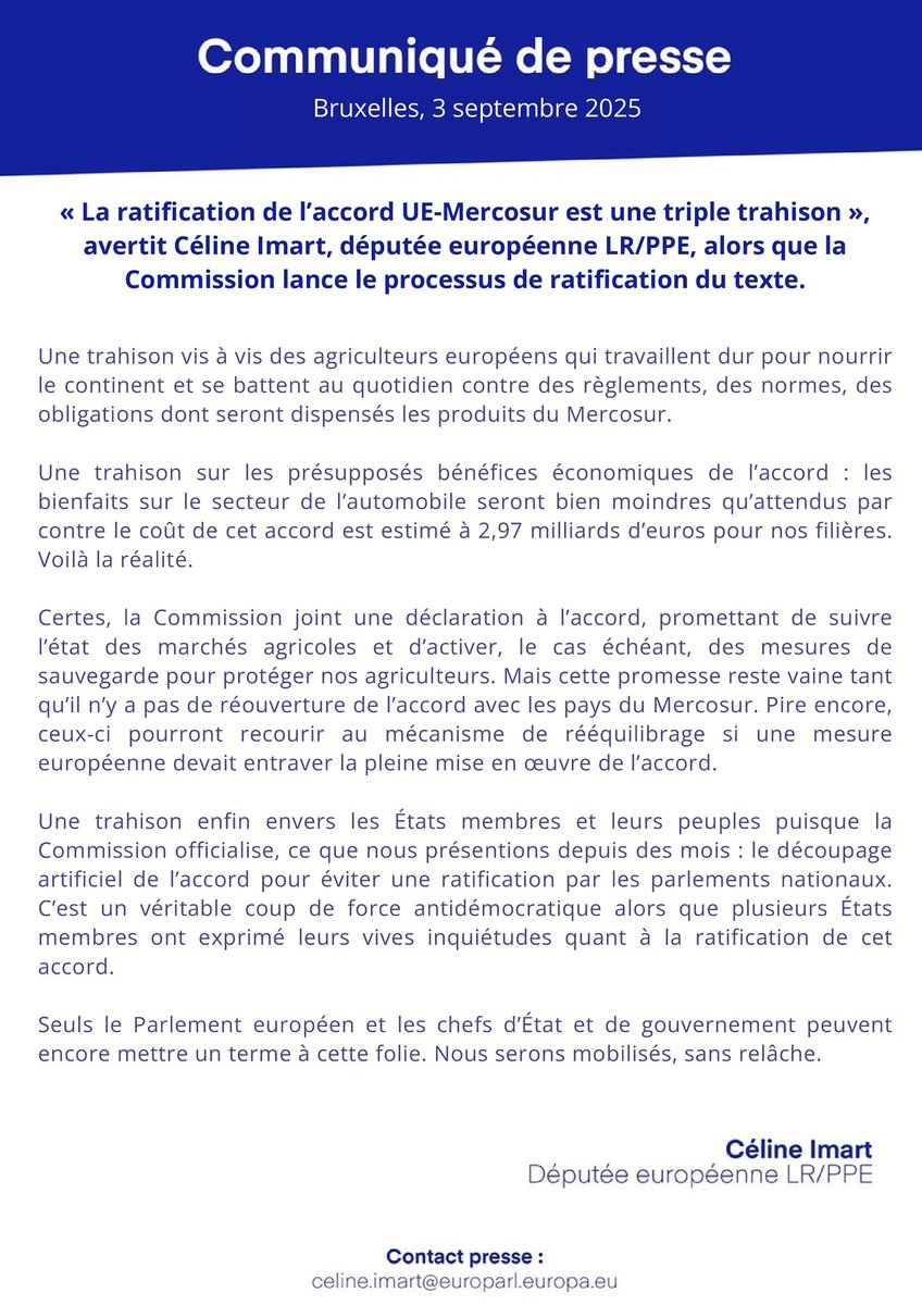 Le #Mercosur, c’est une trahison pour nos agriculteurs, pour nos consommateurs et pour nos citoyens.

La clause de sauvegarde ? Une condition nécessaire mais non suffisante face à la plaie béante de la concurrence déloyale.

Et demain, sans ratification des parlements nationaux,