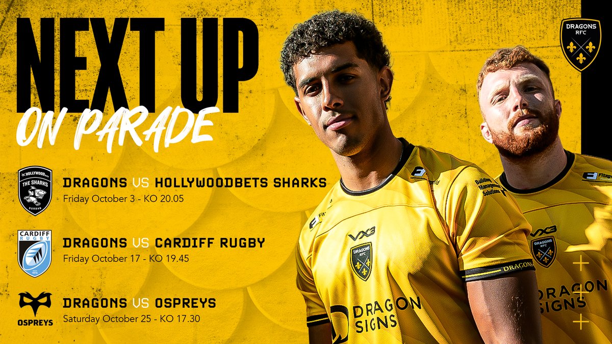 Dragons RFC ๐ (@dragonsrfc) on Twitter photo ๐๏ธ Just 1โฃ month until we kick-off an outstanding October of <a href="/URCOfficial/">BKT United Rugby Championship (URC)</a> action on Parade - ๐ฆ at ๐ and two ๐ด๓ ง๓ ข๓ ท๓ ฌ๓ ณ๓ ฟderbies ๐๐ฅ
Join us at <a href="/rodneyparade/">Rodney Parade</a> - tickets available NOW โคต๏ธ
๐๏ธ eticketing.co.uk/dragons/
#WeAreGwentRugby ๐๏ธ Just 1โฃ month until we kick-off an outstanding October of <a href="/URCOfficial/">BKT United Rugby Championship (URC)</a> action on Parade - ๐ฆ at ๐ and two ๐ด๓ ง๓ ข๓ ท๓ ฌ๓ ณ๓ ฟderbies ๐๐ฅ
Join us at <a href="/rodneyparade/">Rodney Parade</a> - tickets available NOW โคต๏ธ
๐๏ธ eticketing.co.uk/dragons/
#WeAreGwentRugby