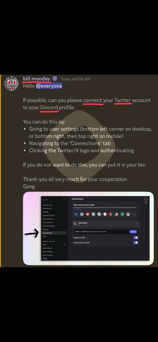 🚨Public Service Announcement🚀🚀

If you're in the Monad Discord, make sure to connect your Twitter/X profile by following the instructions below

Why, you ask? Because <a href="/billmondays/">bill monday</a> said so

Thank you for your attention to this matter!