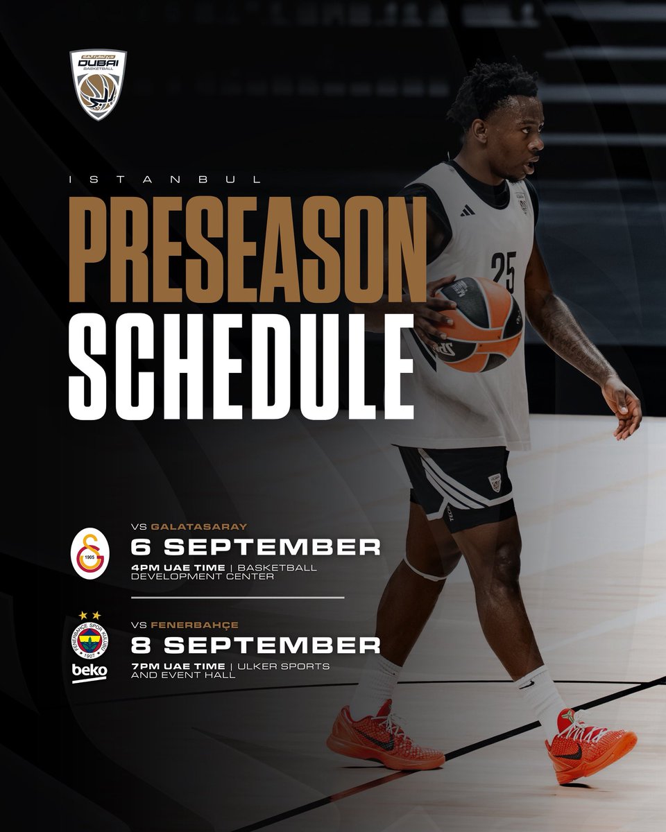 Preseason momentum carries us into Istanbul for two matchups 🔥🇹🇷✈️

🆚 Galatasaray
📍Basketball development center
📅 September 6th
🕔 4:00 PM UAE time

🆚 Fenerbahçe
📍Metro energy sports hall
📅 September 8th
🕔 7:00 PM UAE time