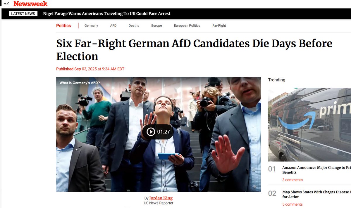 德国目前选举，Afd已经死了六个候选人：

Wolfgang Seitz，59岁，突然死亡，警方说未发现外力介入；
Stefan Berendes，59岁，突然死亡，警方说未发现外力介入；
Ralph Lange，66岁，自然死亡，没有启动死亡调查；
Wolfgang Klinger，71岁，自然死亡，没有启动死亡调查；
René