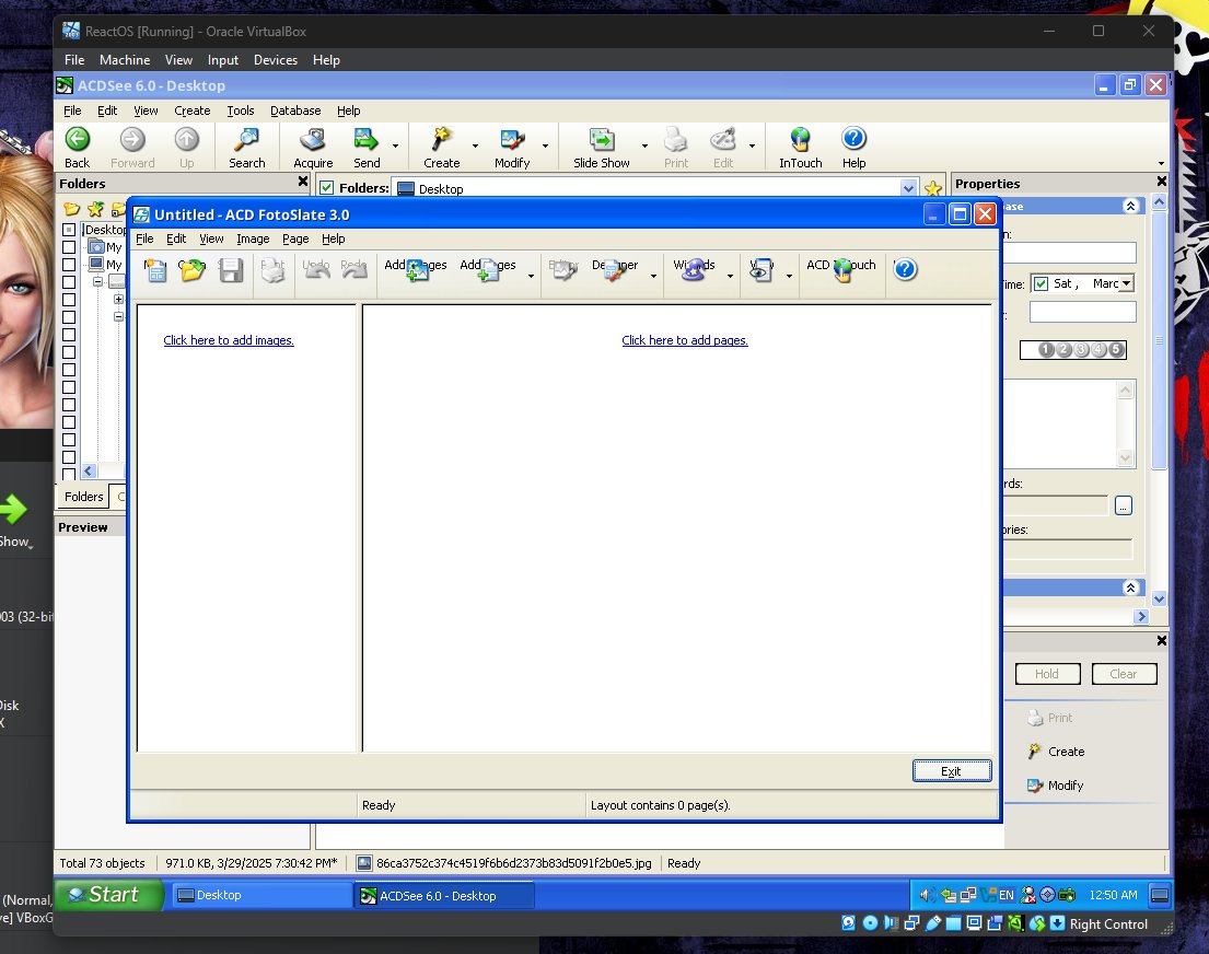 reactos's tweet image. ACDSee 6 runs on #ReactOS! It launches via taskbar in ACDSee Device Detector.
ACDSee Fotostate 3 runs as well, but has glitches.
