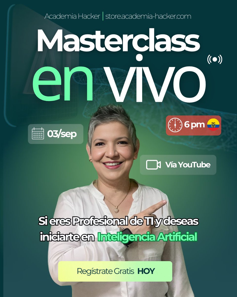 csystemsEC's tweet image. Te esperamos hoy en el Webinar 🤖🧠🇦🇮👾
Si eres Profesional de TI y quieres una ruta para capacitarte y certificarte en IA Generativa, esta masterclass es para ti.

👉 Regístrate en: store.academia-hacker.com/ia-para-profes…