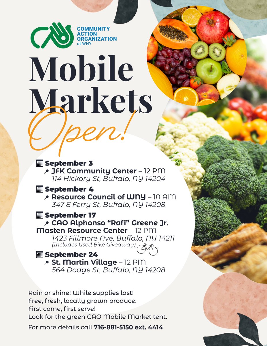 🥦🍎 CAO of WNY’s Mobile Markets are back this September!

✅ Free, fresh, locally grown produce
✅ First come, first served
✅ Rain or shine
Look for the green CAO Mobile Market tent near you! 💚
#CAOWNY #MobileMarket