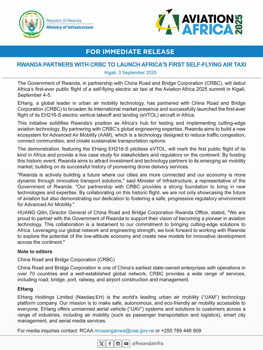 FOR IMMEDIATE RELEASE

RWANDA PARTNERS WITH CRBC TO LAUNCH AFRICA'S FIRST SELF-FLYING AIR TAXI