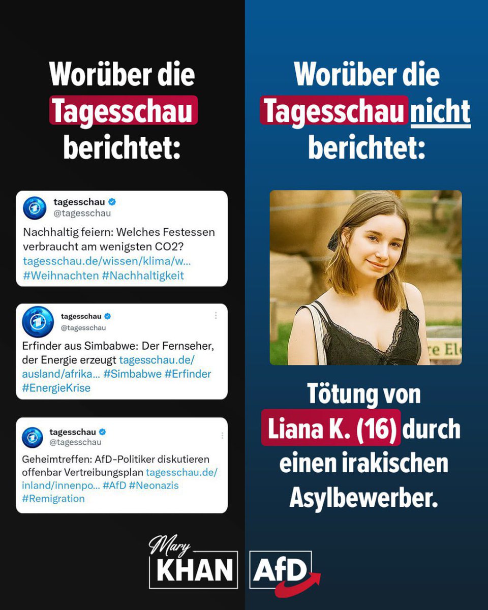 Die Prioritäten der Tagesschau… 🤡

Jede Falschmeldung über angebliche Geheimtreffen, jede Lüge über die AfD, jede linke Absurdität über CO2-Verbrauch an Weihnachten und afrikanische Erfindungen bekommt dort mehr Sendezeit als der furchtbare Mord an der jungen Liana K. durch