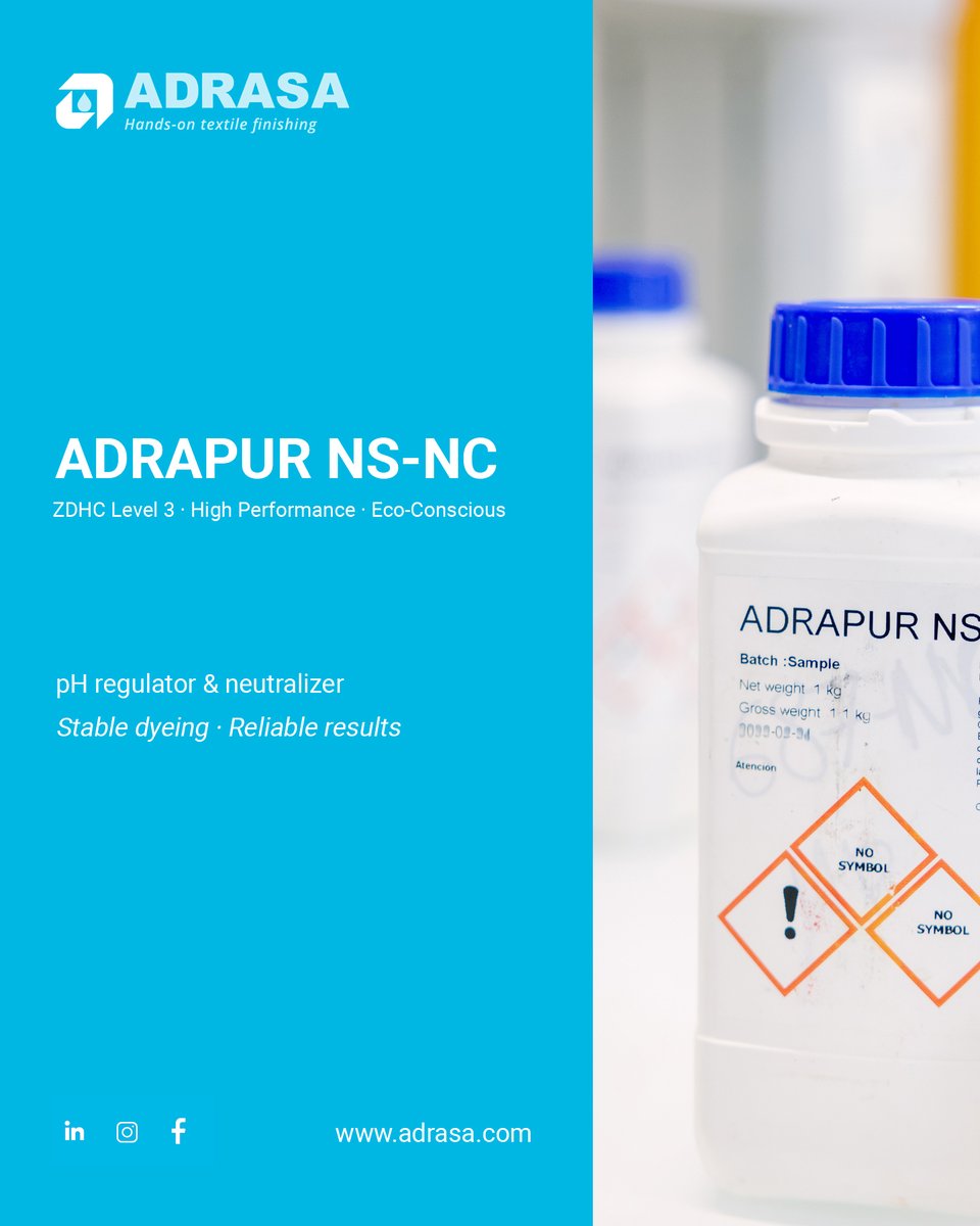 _adrasa's tweet photo. 🧪 Behind every perfect color lies precise chemistry.

ADRAPUR NS-NC, our pH regulator and neutralizer that ensures stable dyeing conditions by balancing acids and alkalis.

🔗 Learn more about our textile chemistry solutions:https://t.co/1yqi5QKKgr

#ADRASA #TextileChemistry https://t.co/XPw3Dtku2N