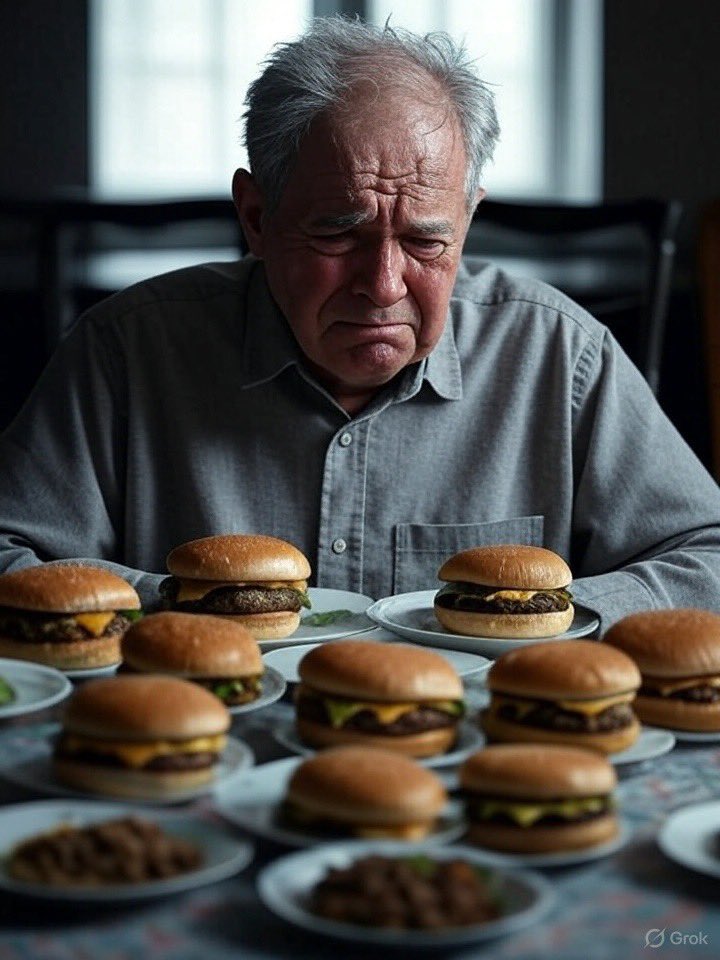 Genuanceerdeman's tweet image. Vandaag is mijn 60e verjaardag. Ik heb hamburgers gemaakt voor de hele familie, maar niemand is op bezoek gekomen. 😥 💔