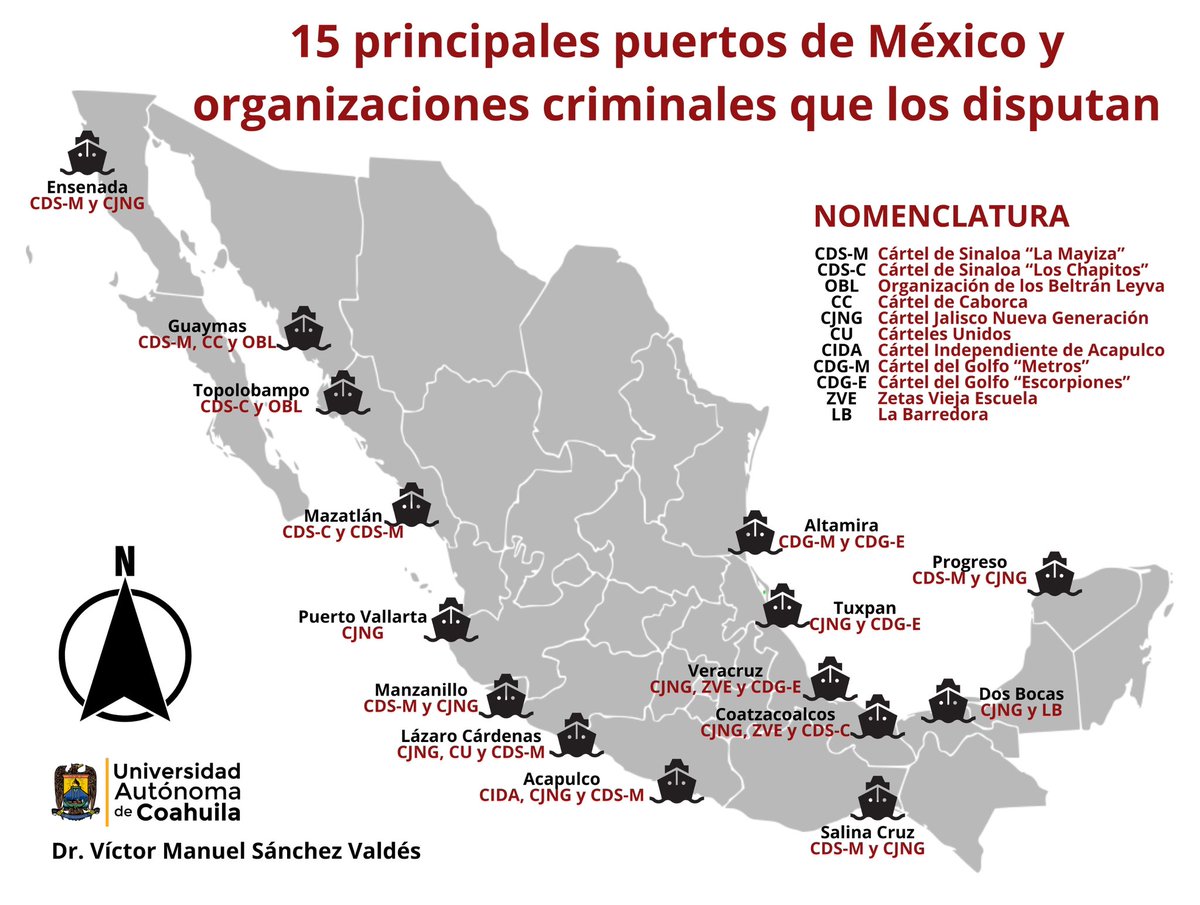 ¿Qué organizaciones criminales se disputan el control de los principales puertos de México? 

Preparé el siguiente mapa que puede ser de utilidad.