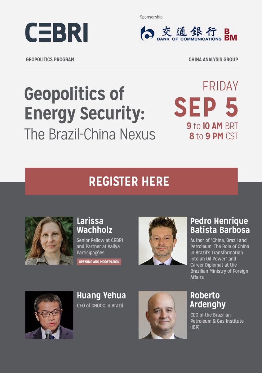 For those interested in Brazil-China energy relations, this Friday I will join a discussion about the topic. | 
Aos interessados nas relações energéticas entre Brasil e China, participarei de um debate sobre o tema na sexta.