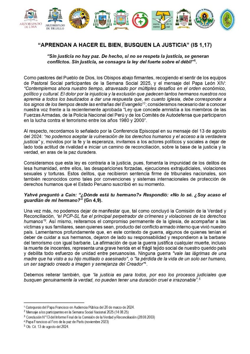 #LoÚltimo 📌Doce obispos -entre los que se encuentran los cardenales Carlos Castillo y Pedro Barreto- emitieron un pronunciamiento en contra de la ley de amnistía, aprobada en el Congreso y promulgada por la presidenta, Dina Boluarte. 🧵