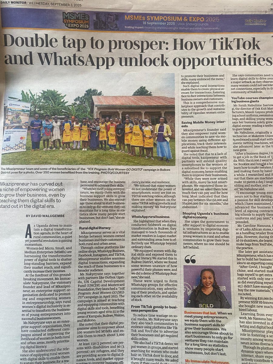 mkazipreneur's tweet photo. Did you catch today’s Daily Monitor Newspaper?
Our lead @julieimmy expounded on the 10X Program: Bold Women GO DIGITO objectives & hands-on experience from our recent #GODIGITO outreach in Buikwe District
@OutboxHub @MastercardFdn @UNCDF
#10XDigitalEconomy #BoldWomen