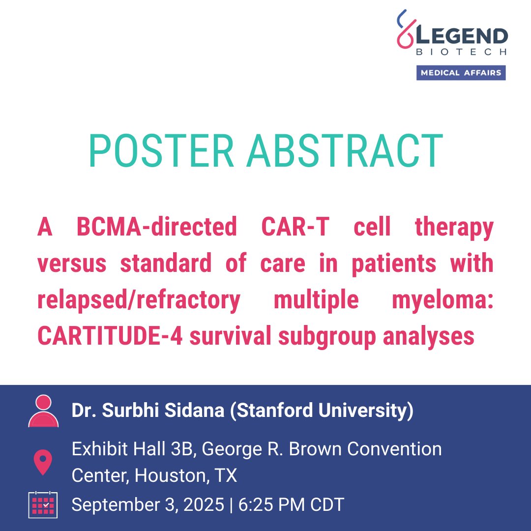 Legend Biotech Medical Affairs (@legendusma) on Twitter photo For US #HCPs at #SOHO2025, Surbhi Sidana (<a href="/SurbhiSidanaMD/">Surbhi Sidana, MD</a>) of Stanford University presents an encore presentation analyzing survival outcomes of various subgroups in CARTITUDE-4 of a BCMA-directed #CART therapy versus standard of care. #mmsm For US #HCPs at #SOHO2025, Surbhi Sidana (<a href="/SurbhiSidanaMD/">Surbhi Sidana, MD</a>) of Stanford University presents an encore presentation analyzing survival outcomes of various subgroups in CARTITUDE-4 of a BCMA-directed #CART therapy versus standard of care. #mmsm