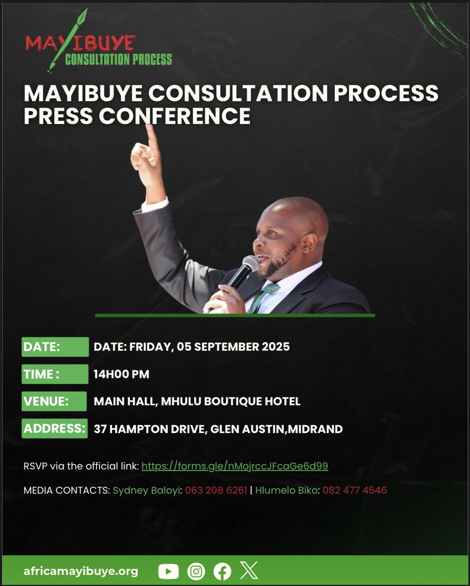 We have a Press Conference on Friday the 5th of September 2025 to conclude the phase of the consultation process announce a way forward on What is to Be Done! All members of the media are invited and should RSVP on the details provided! Mayibuye iAfrika! Total Freedom and