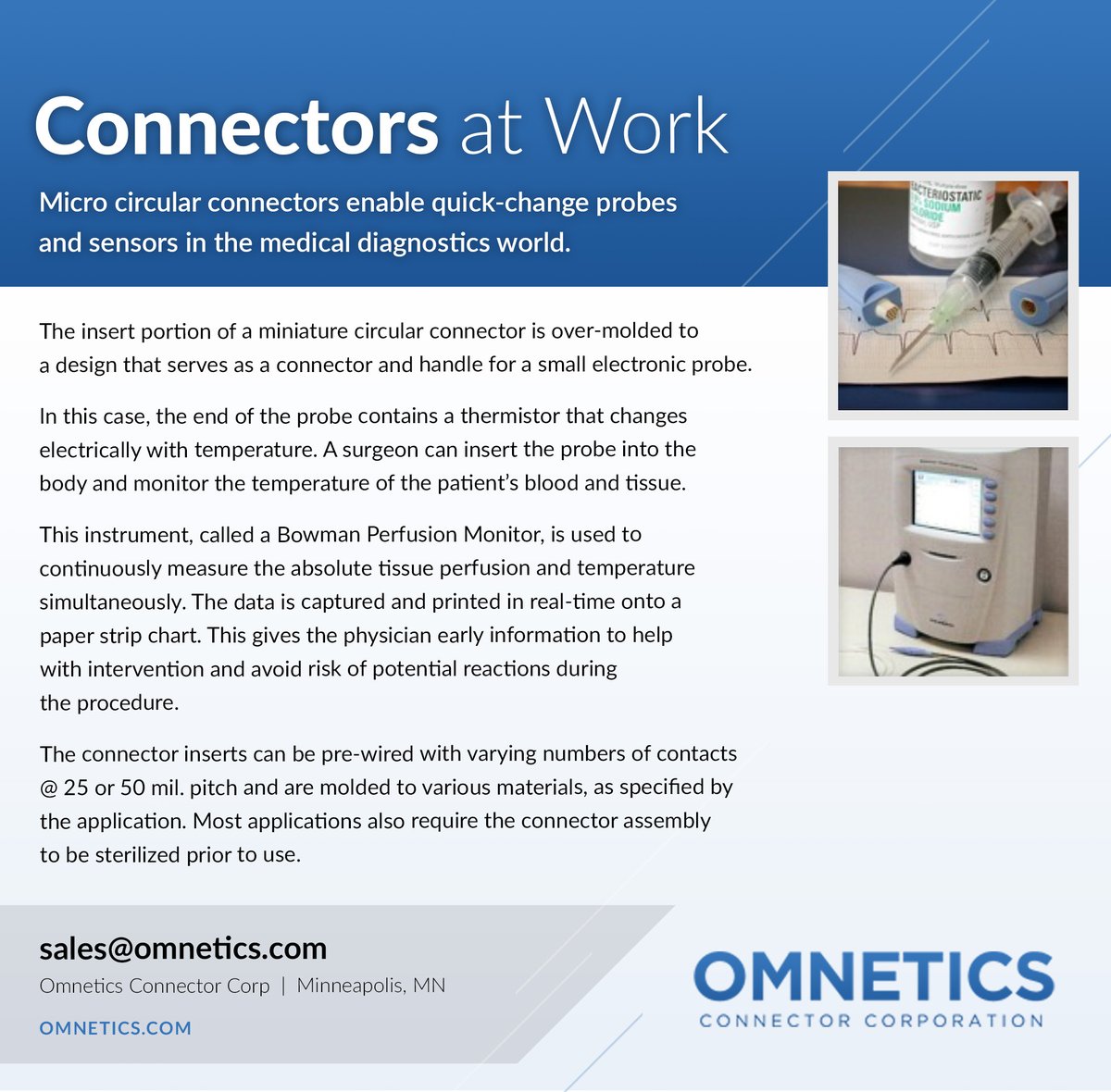 Omnetics's tweet image. In the operating room, a few seconds can make all the difference. Omnetics #connectors are often used in Bowman Perfusion Monitors to monitor a patient&apos;s blood and tissue, helping avoid potential reactions during procedures. More here &amp;gt; bit.ly/3T4s0nG
#ConnectorsAtWork