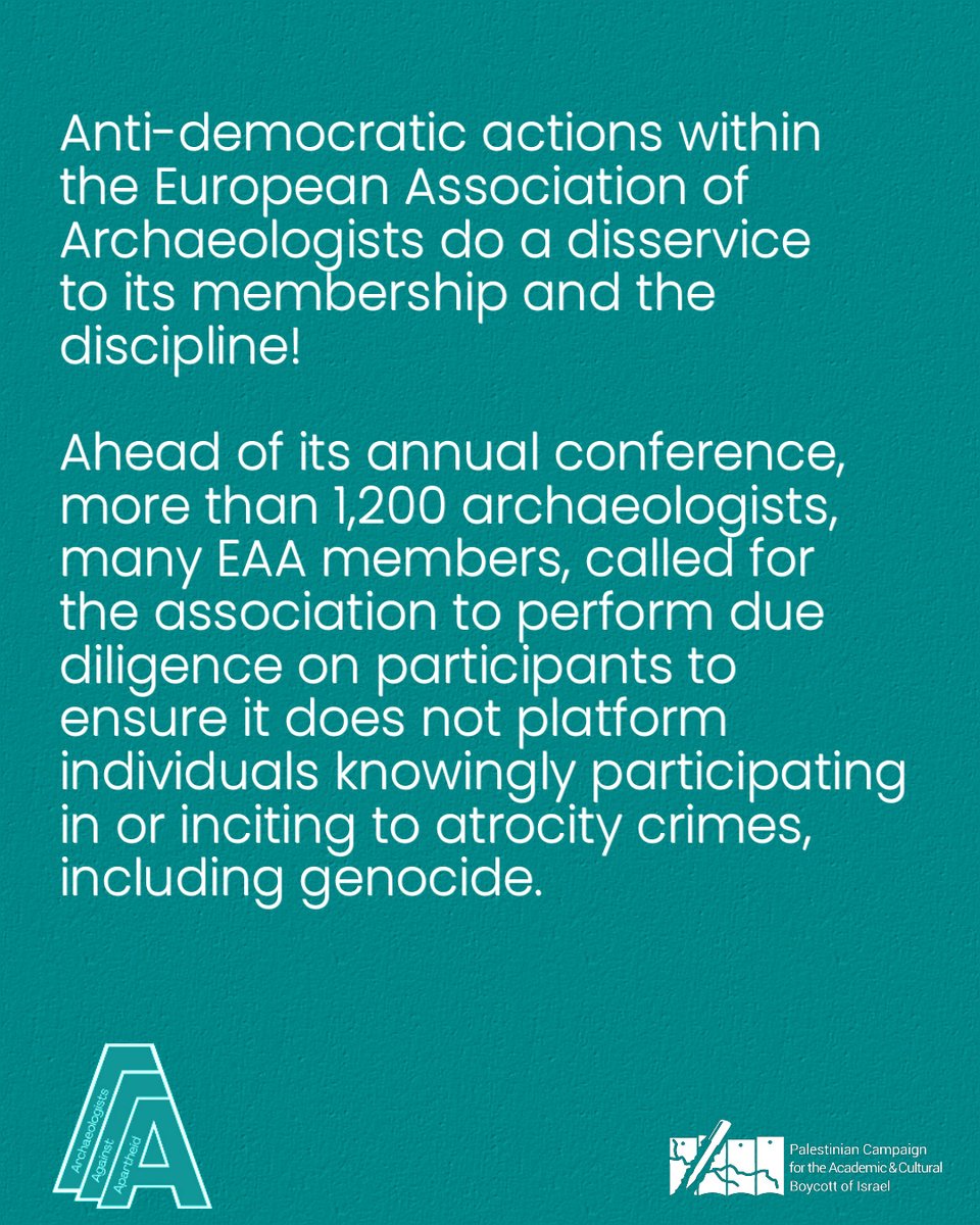 Anti-democratic actions within the EAA!

Ahead of its conference, 1200+ archaeologists, many EAA members, called on it to perform due diligence on participants to ensure no platforming of individuals knowingly participating in or inciting to atrocity crimes, including genocide.