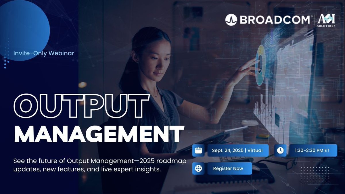 Do you want to modernize your mainframe document workflows? Join Broadcom and A&amp;I Solutions on September 24th at 1:30 PM ET for an exclusive webinar unveiling the 2025 Output Management roadmap.
👉 Save your seat now ➜ Registration Link: us06web.zoom.us/webinar/regist…