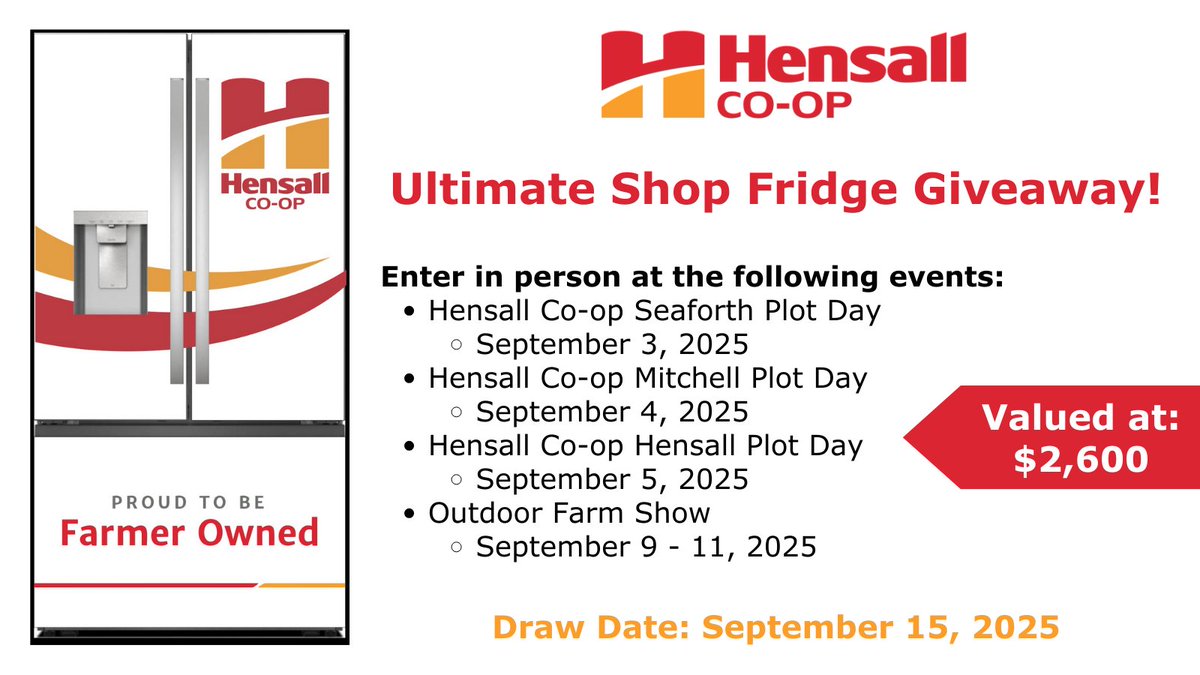 Contest Alert!
 
Visit us at our Hensall Co-op Plot Days and the Outdoor Farm Show for a chance to win our Ultimate Shop Fridge!
 
Each attendee can submit one entry per event.
 
Draw Date: September 15, 2025
 
#HensallCoop #Contest #PlotDays #CanadasOutdoorFarmShow #COFS25