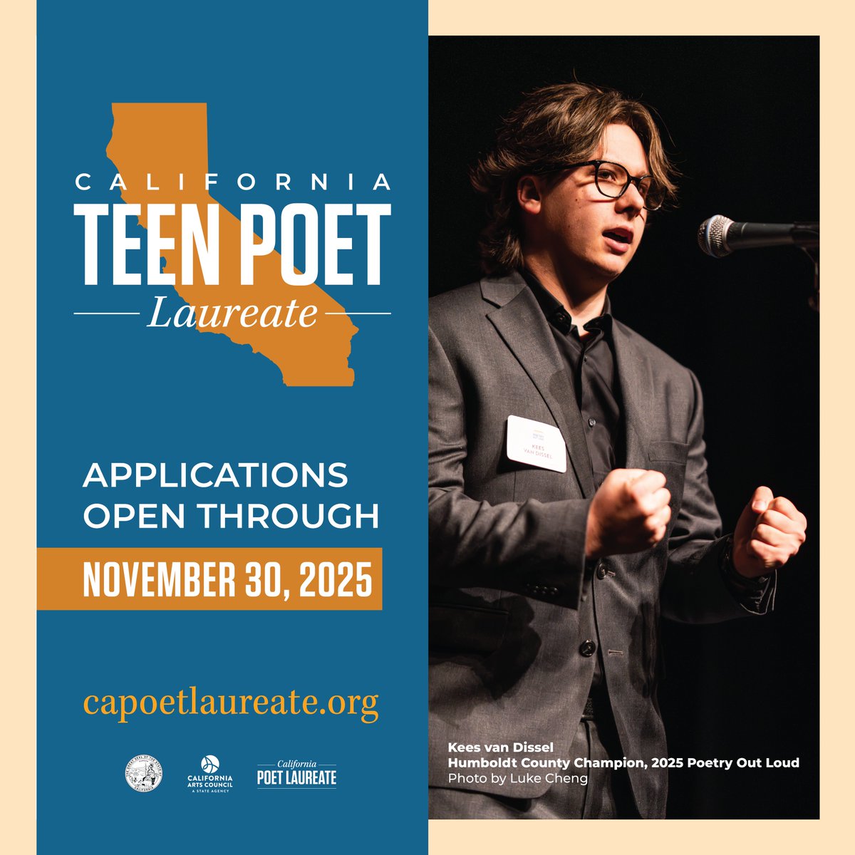 📣 Calling California’s creative youth! Apply to become our state’s first-ever Teen Poet Laureate! Serve a two-year term as an ambassador for young voices — poets aged 13-19 are eligible. Learn more &amp; submit your application by Nov. 30: capoetlaureate.org #ArtsCA #PoetryCA