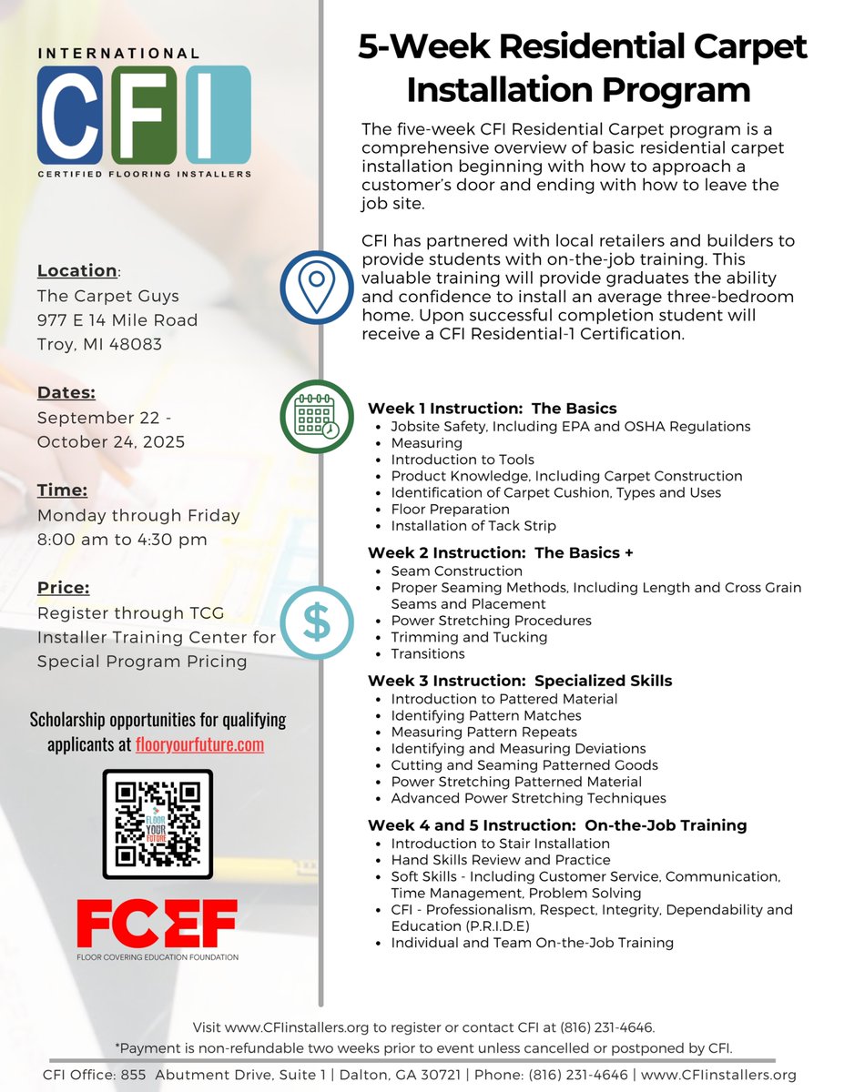 😎Ready to kickstart your career in flooring installation? 📍Join us in Troy, MI at the TCG Installer Training Center for CFI’s 5-Week Residential Carpet Installation Program! 📅Sept 22 – Oct 24, 2025
⬇️Register now at
secure.gradelink.com/3897/enrollment