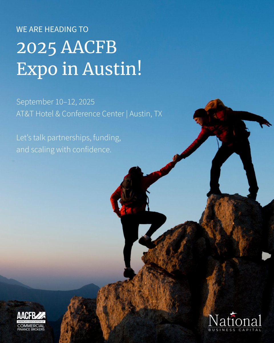 We’re heading to the 2025 AACFB Expo in Austin!

Connect with Nick Shiels and Michael Rosman from National Business Capital and discover how we’re helping partners across the country

📍 AT&amp;T Hotel &amp; Conference Center – Austin, TX
📅 September 10–12, 2025