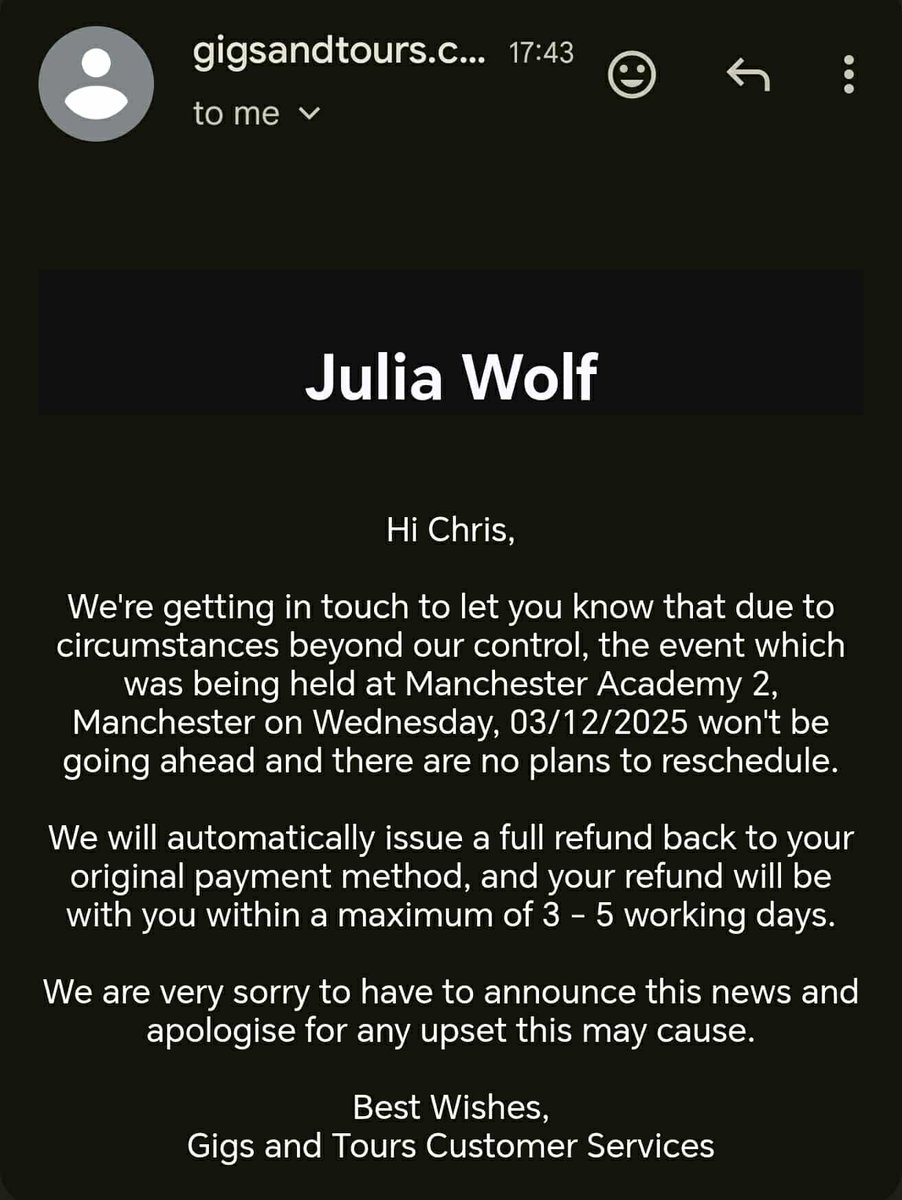 whyyyyy? gutted, was really looking forward to seeing <a href="/juliawolfnyc/">Julia Wolf</a> :(