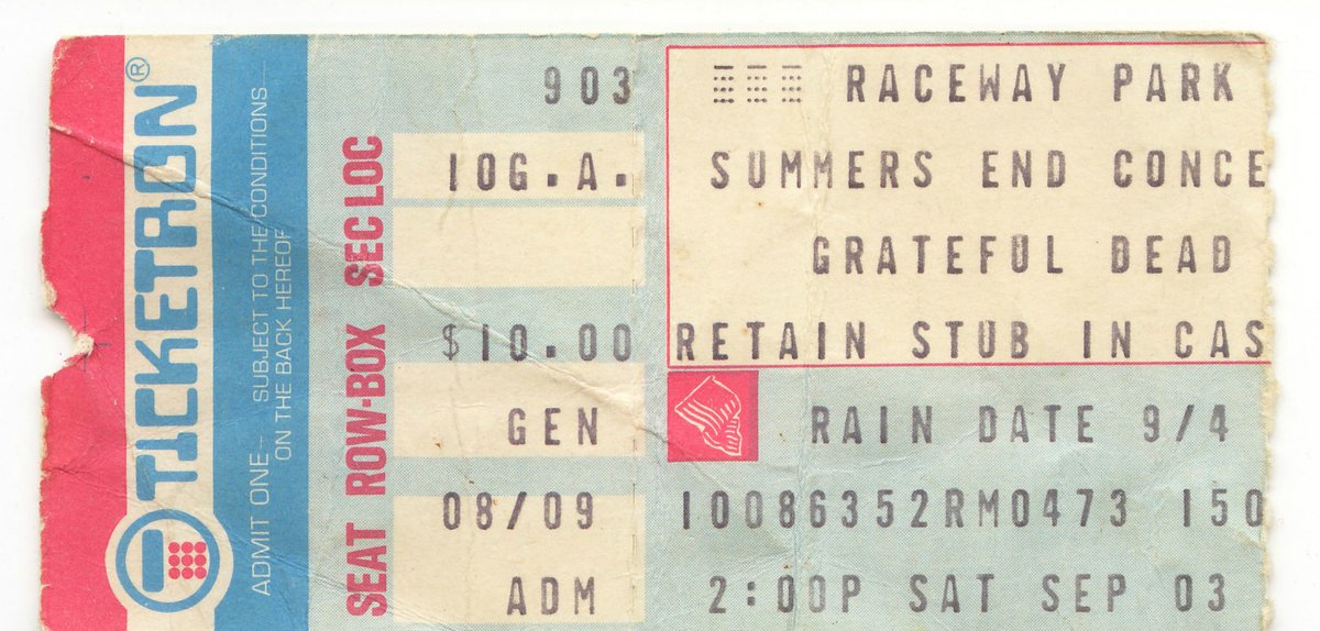 From the Gary "Uncle G" Brown Ticket Stub Collection

Who: Grateful Dead (with Marshall Tucker - New Riders of the Purple Sage)
Venue: Raceway Park
Location: Englishtown, New Jersey, USA.
Date: 03 Sept 1977
Note: Official Live Album:  Grateful Dead - Dick’s Picks Vol. 15.