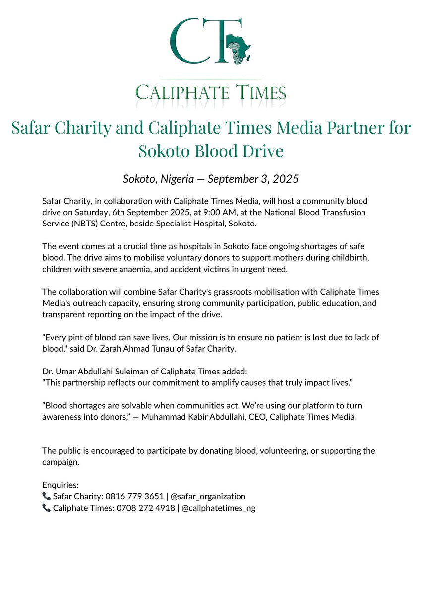caliphate_times's tweet photo. Sokoto needs blood. Urgently.
This Saturday, we’re showing up.
🗓️ Sept 6
🕘 9AM
📍 NBTS Centre, by Specialist Hospital
#SokotoBloodDrive https://t.co/kyvaxQ9Uep