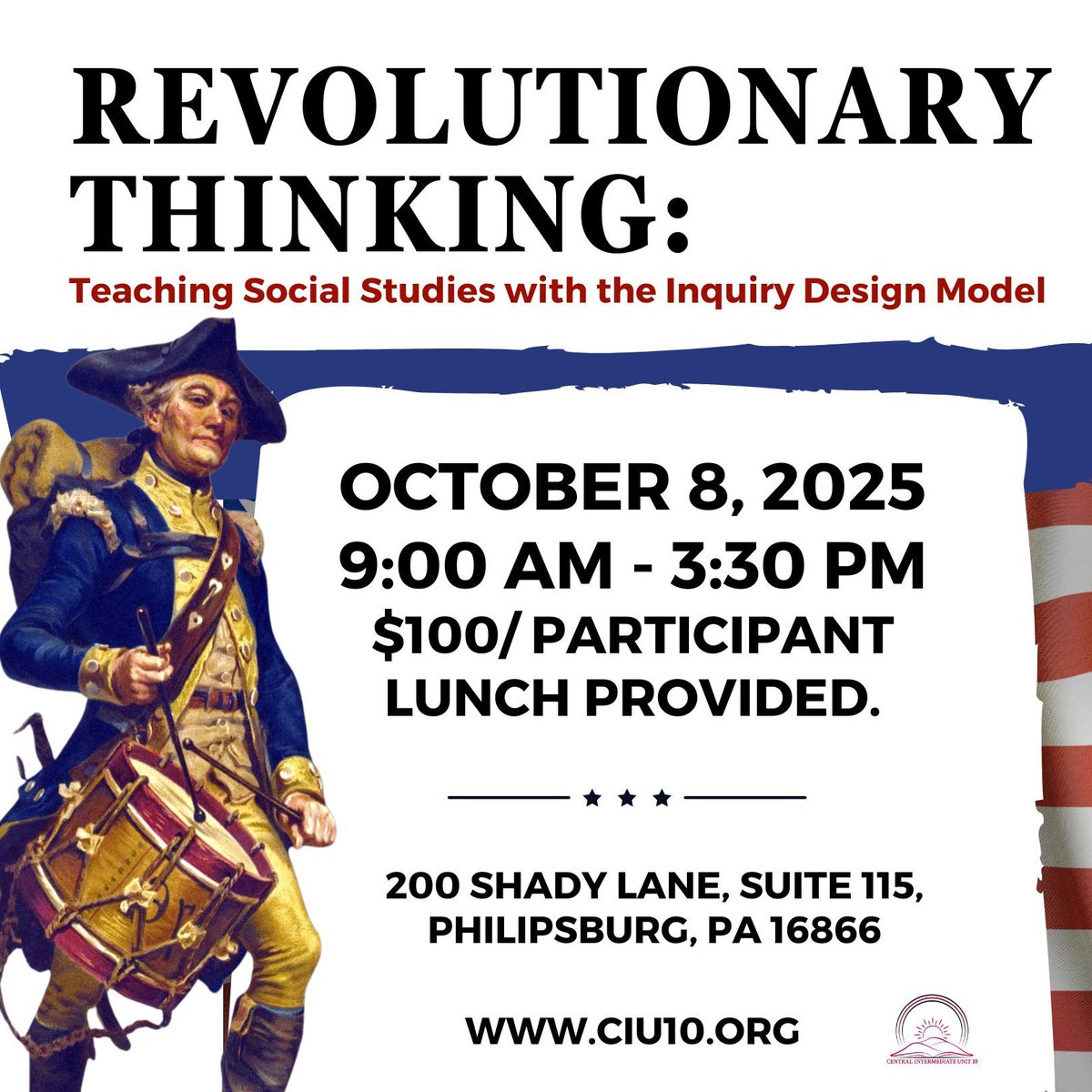 Join us for Revolutionary Thinking: Teaching Social Studies with the Inquiry Design Model, a hands-on workshop designed to help educators create compelling, inquiry-based lessons in connection with America’s 250th and beyond. 

Visit buff.ly/SeLBdKq to register.
