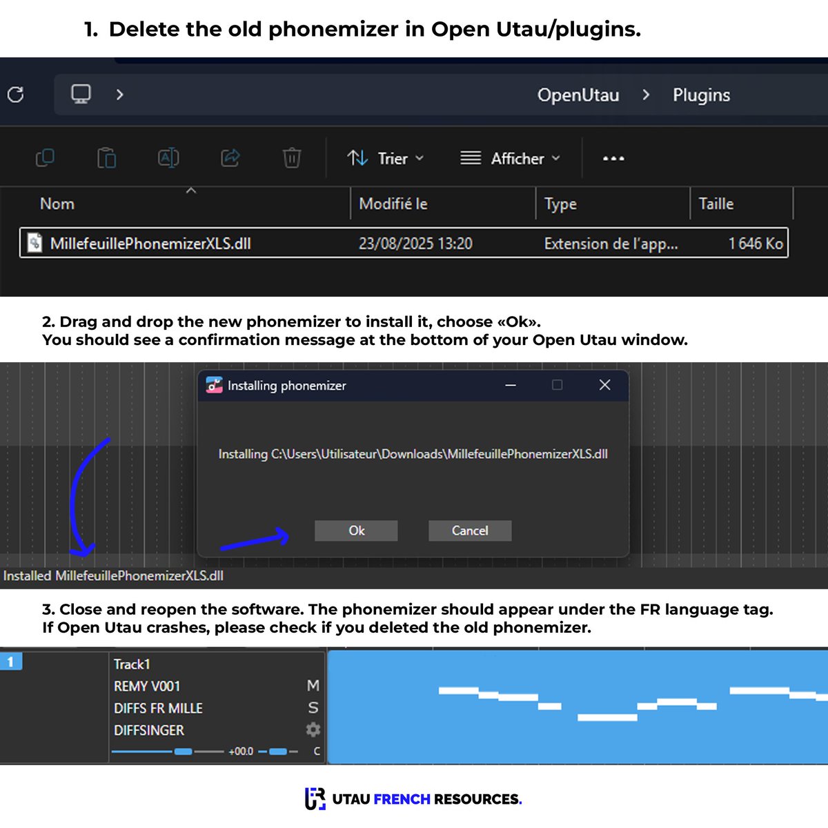 UtauFrance's tweet image. UPDATE!
There used to be a compatibility issue that prevented users from using our external phonemizers with the latest Open Utau update. You can now download the new phonemizers! ⬇️⬇️⬇️
Special thanks to @cadlaxa 💙

Also... new models on the way? 👀

#Diffsinger #DiffsingerFR